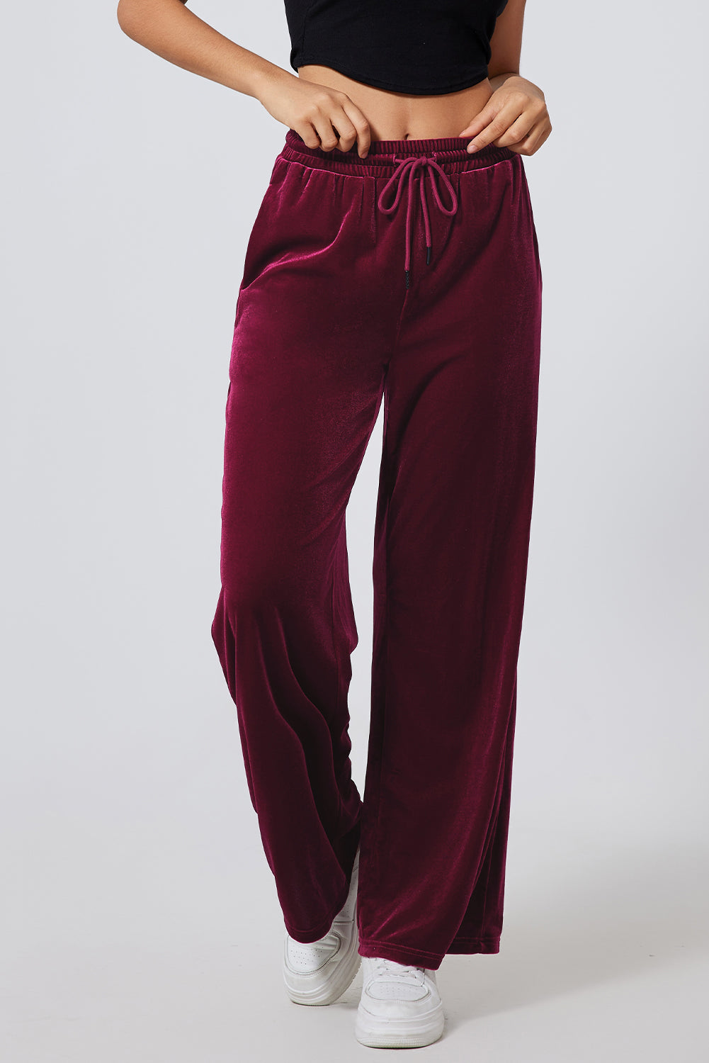 Drawstring Wide Leg Active Pants Burgundy