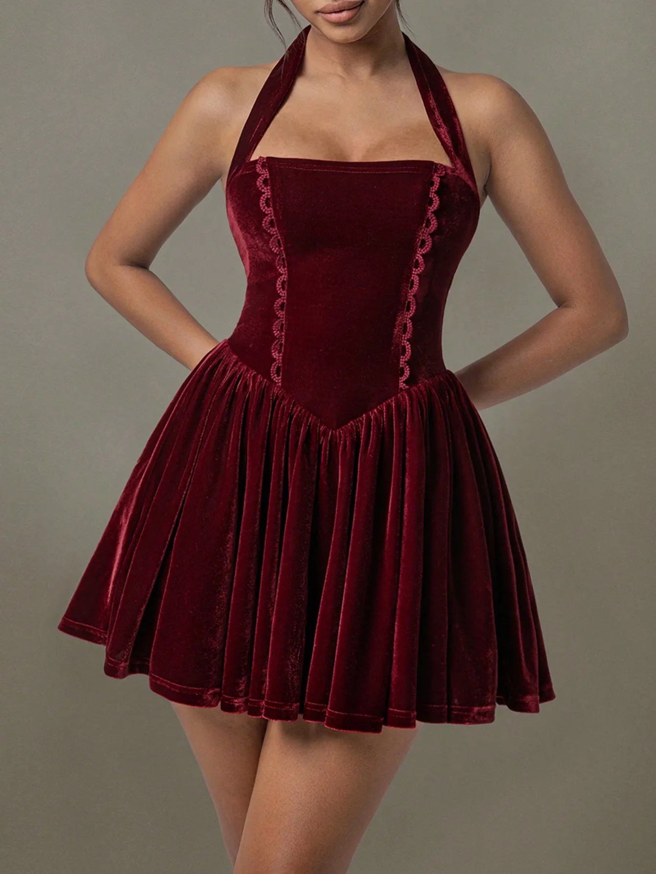 velvet halter skater dress shown as women’s dress