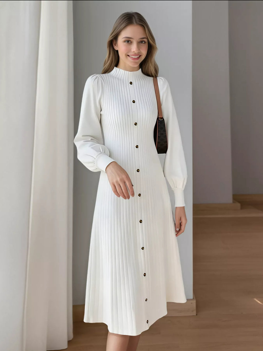 women's ribbed knit mock neck midi dress - additional image