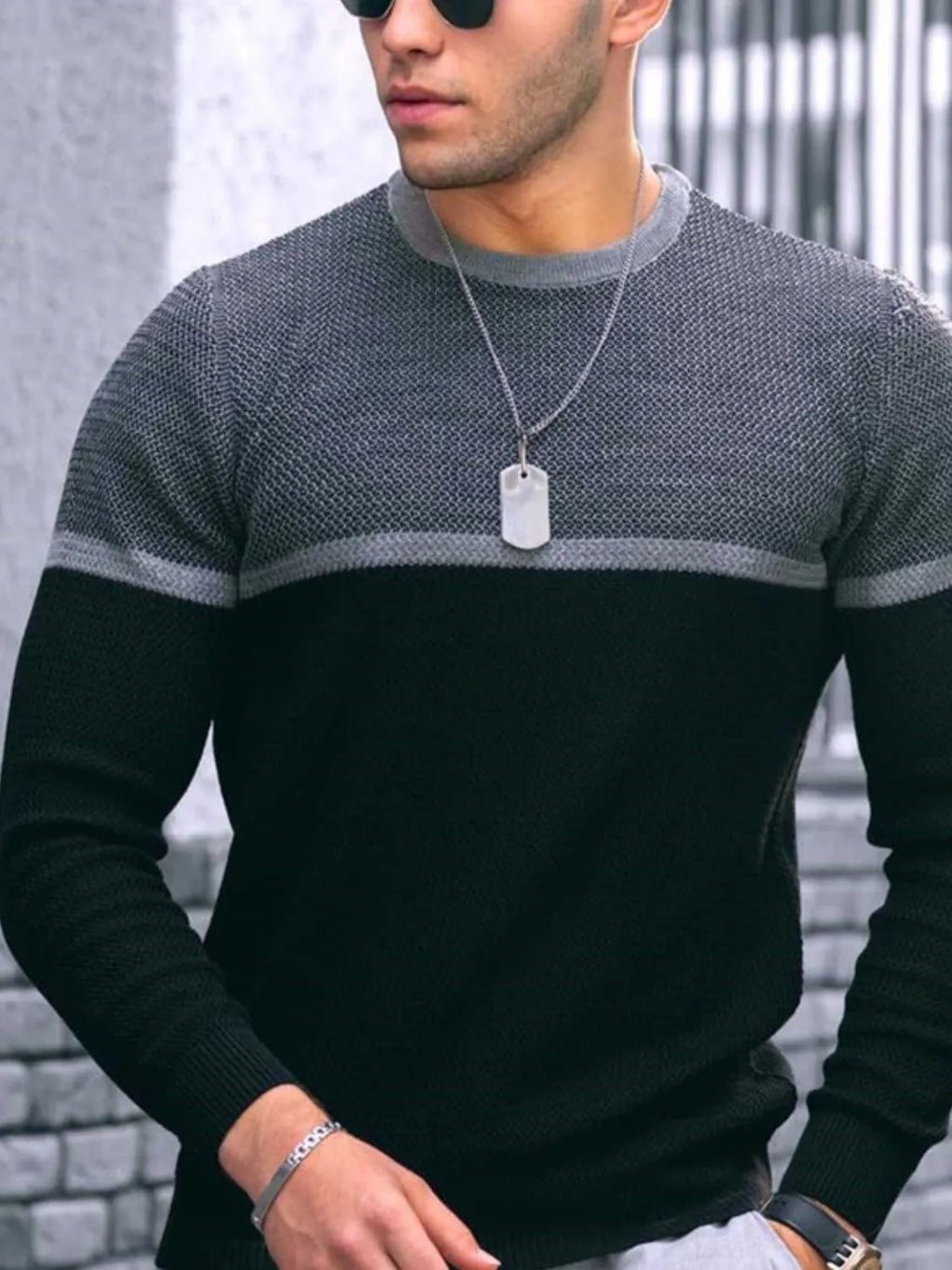 Men's Full Size Contrast Round Neck Long Sleeve T-Shirt Black