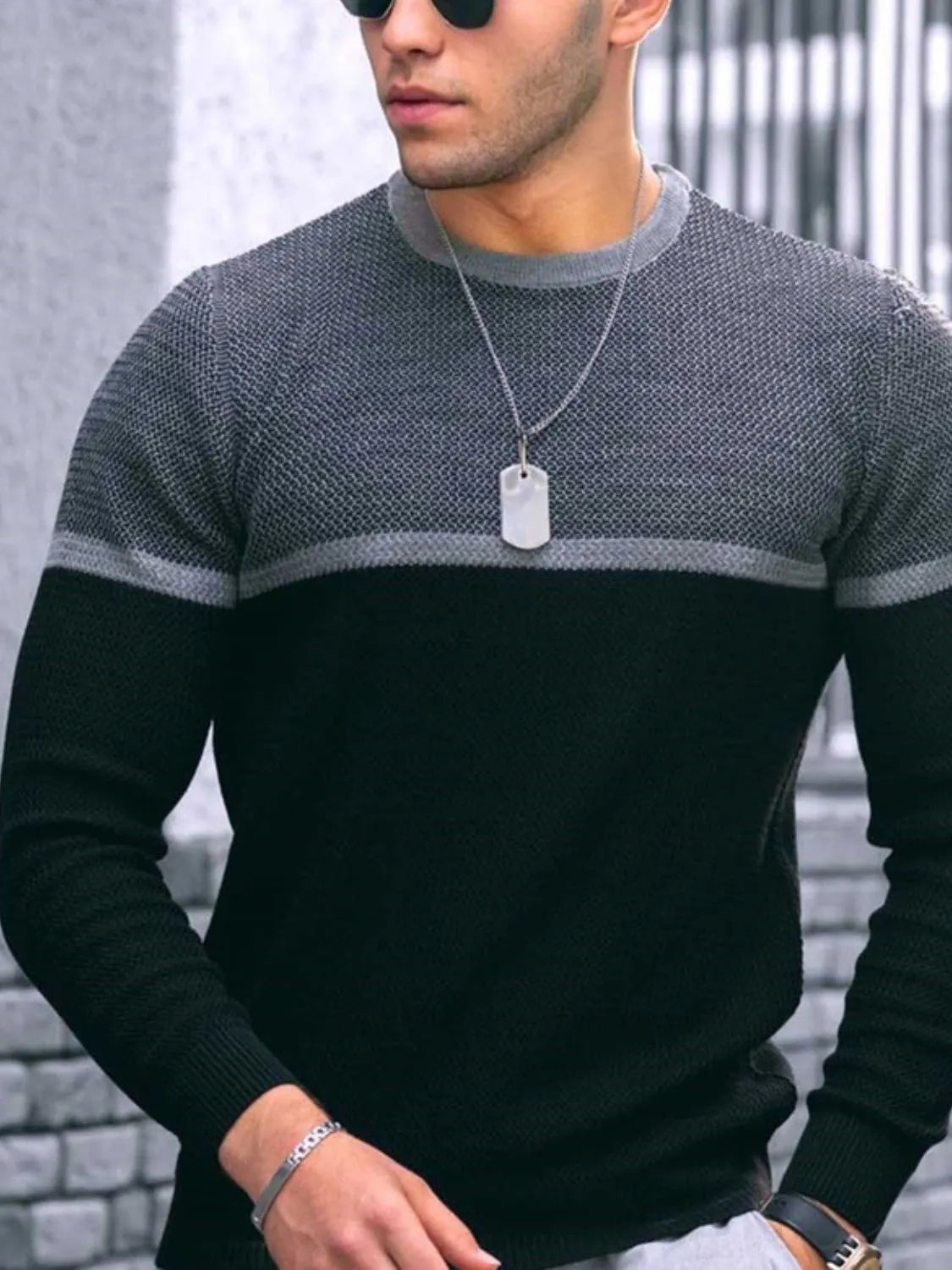 Men's Full Size Contrast Round Neck Long Sleeve T-Shirt Black