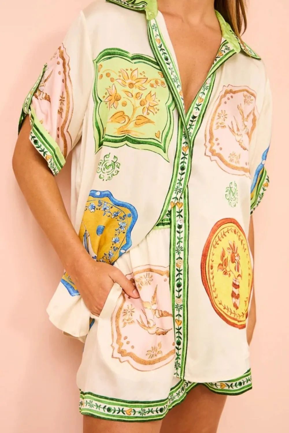 Printed Short Sleeve Button Down Top and Shorts Set Ivory