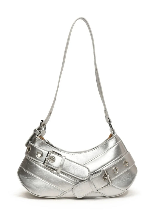 PU Leather Buckle Shoulder Bag Silver One Size