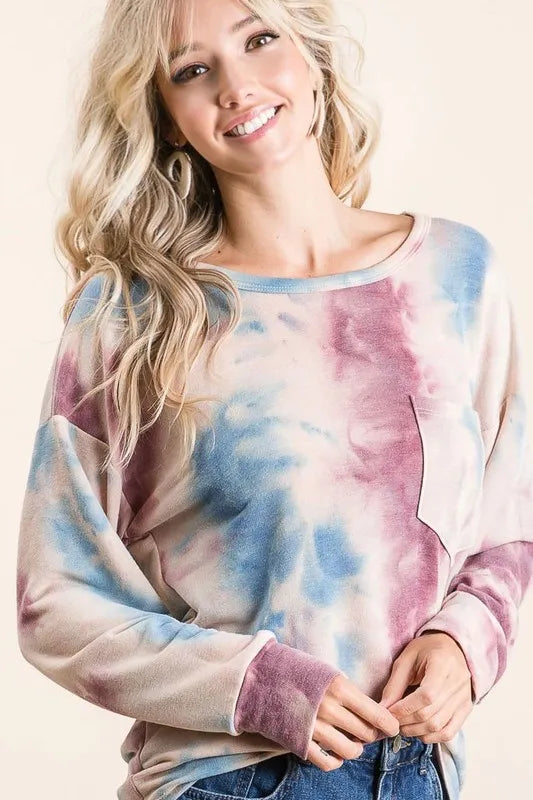 women's bibi tie dye print terry top with front patch pocket - product detail