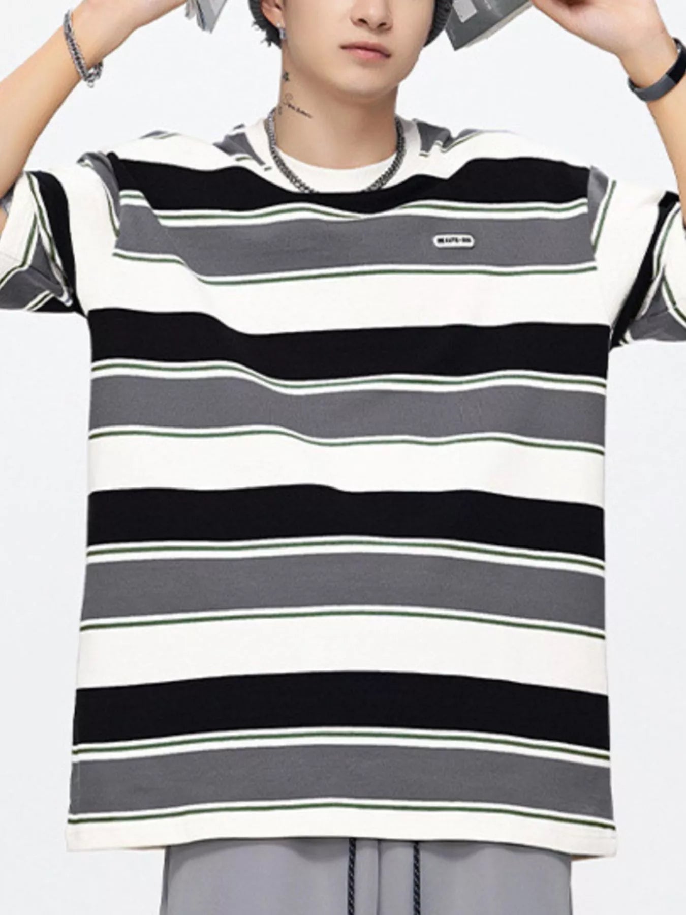 men's men's full size striped round neck oversized t-shirt plus size - detail shot