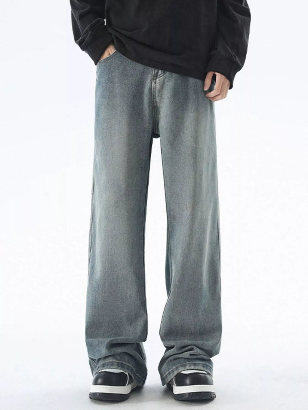 men's men's plus size vintage wash wide leg jeans - styled view
