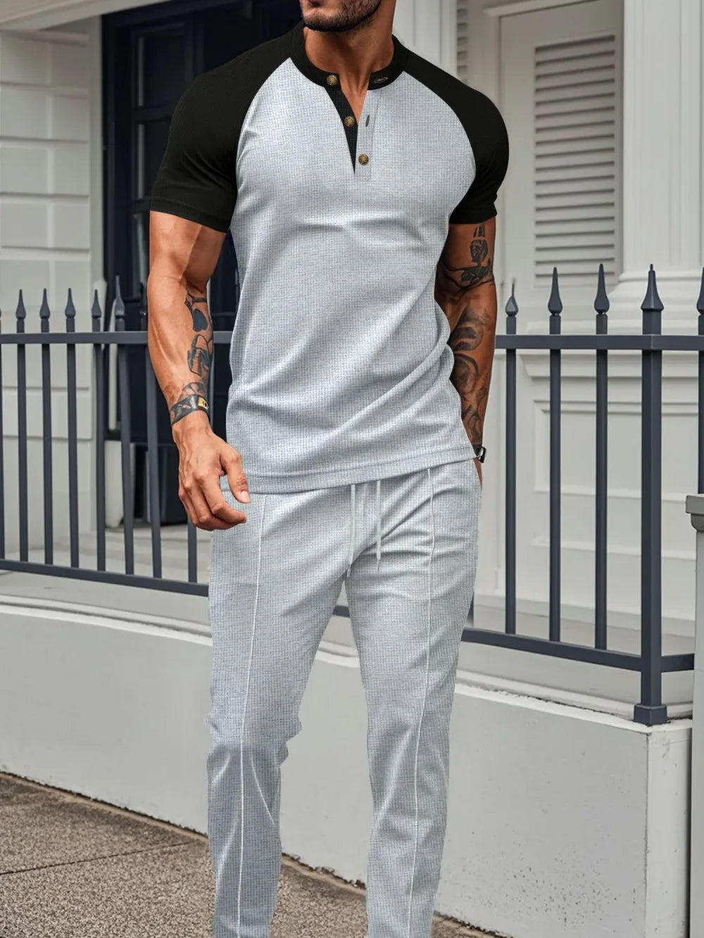 men's full size waffle-knit contrast top and drawstring pants set plus size matching set view