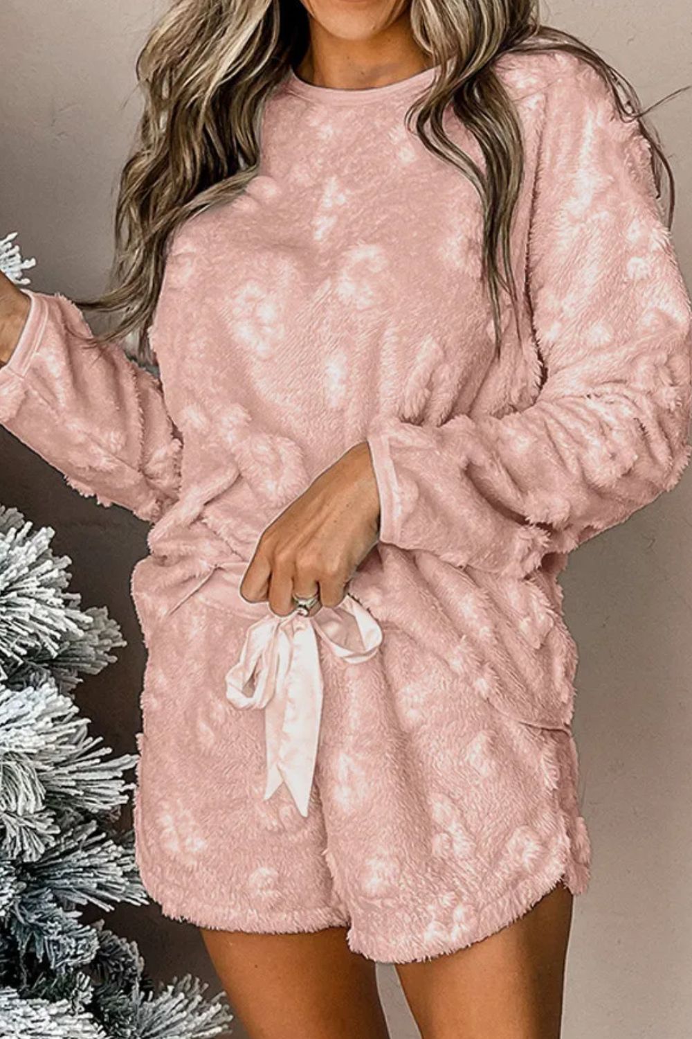 Round Neck Long Sleeve Top and Shorts Lounge Set Blush Pink