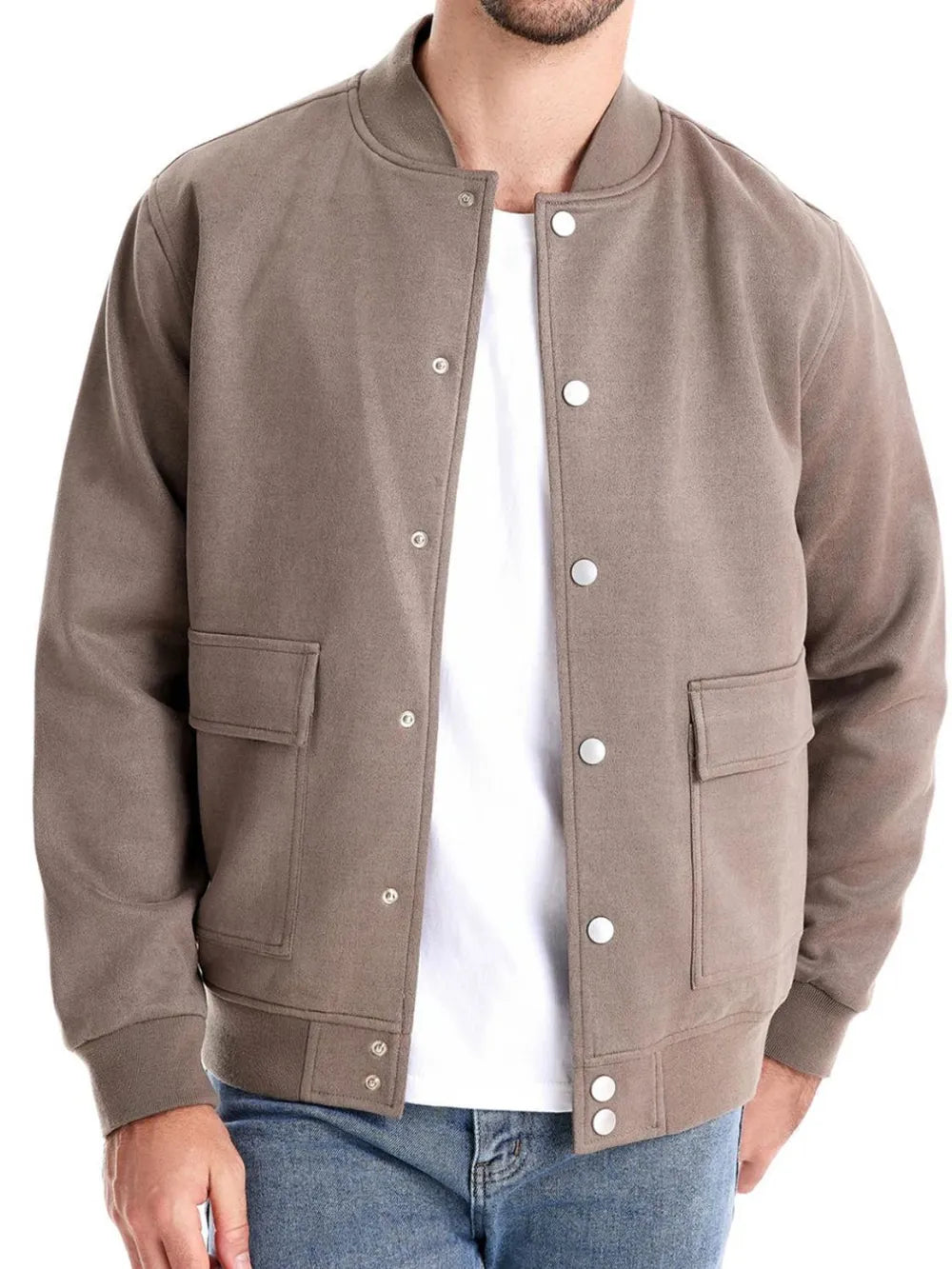 Men's Baseball Collar Snap Down Jacket Taupe