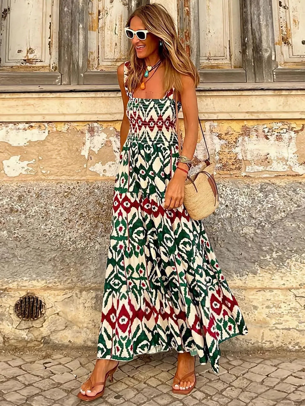 Smocked Printed Square Neck Sleeveless Dress White