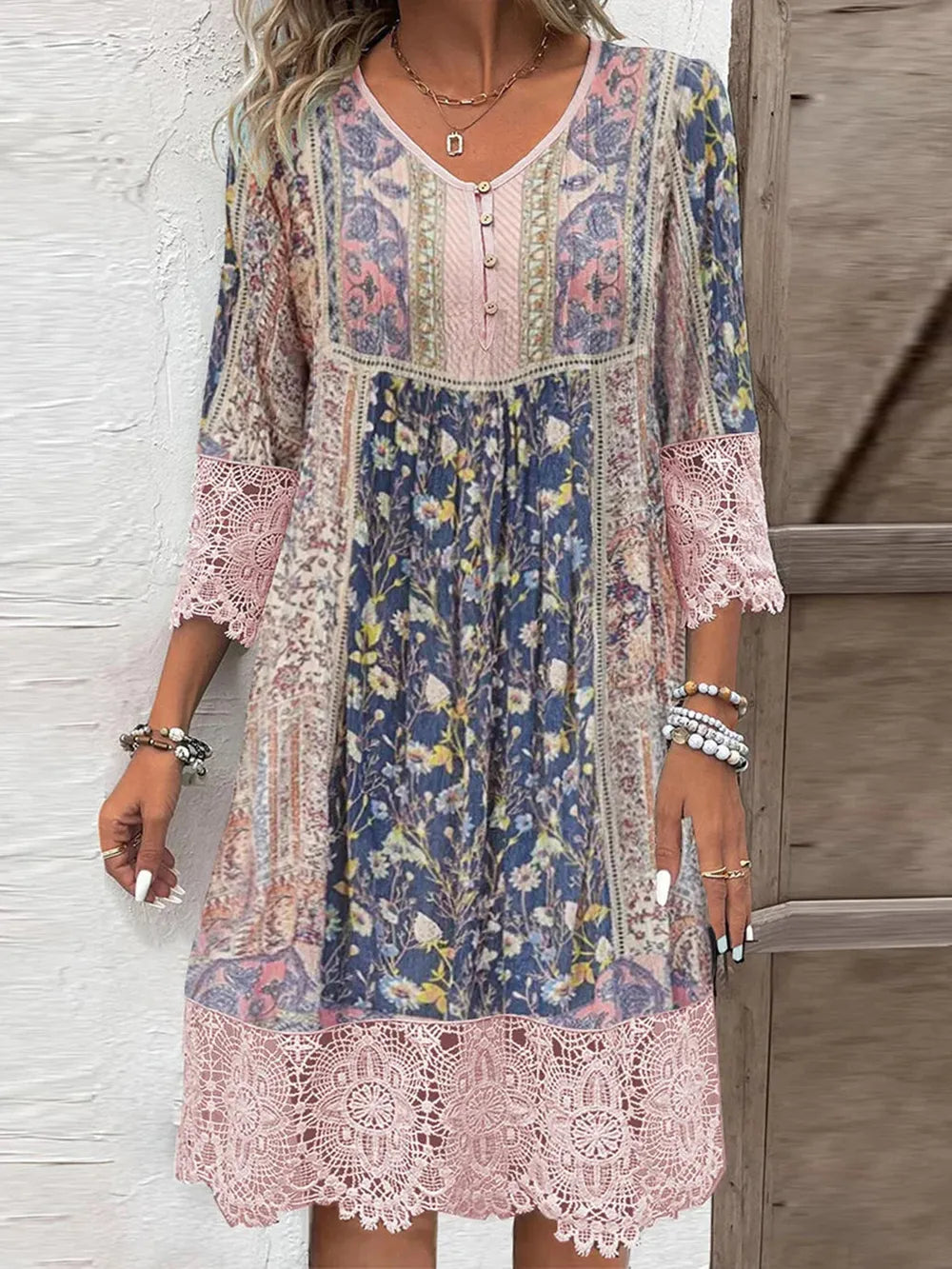 Full Size Lace Detail Printed Three-Quarter Sleeve Dress Blush Pink