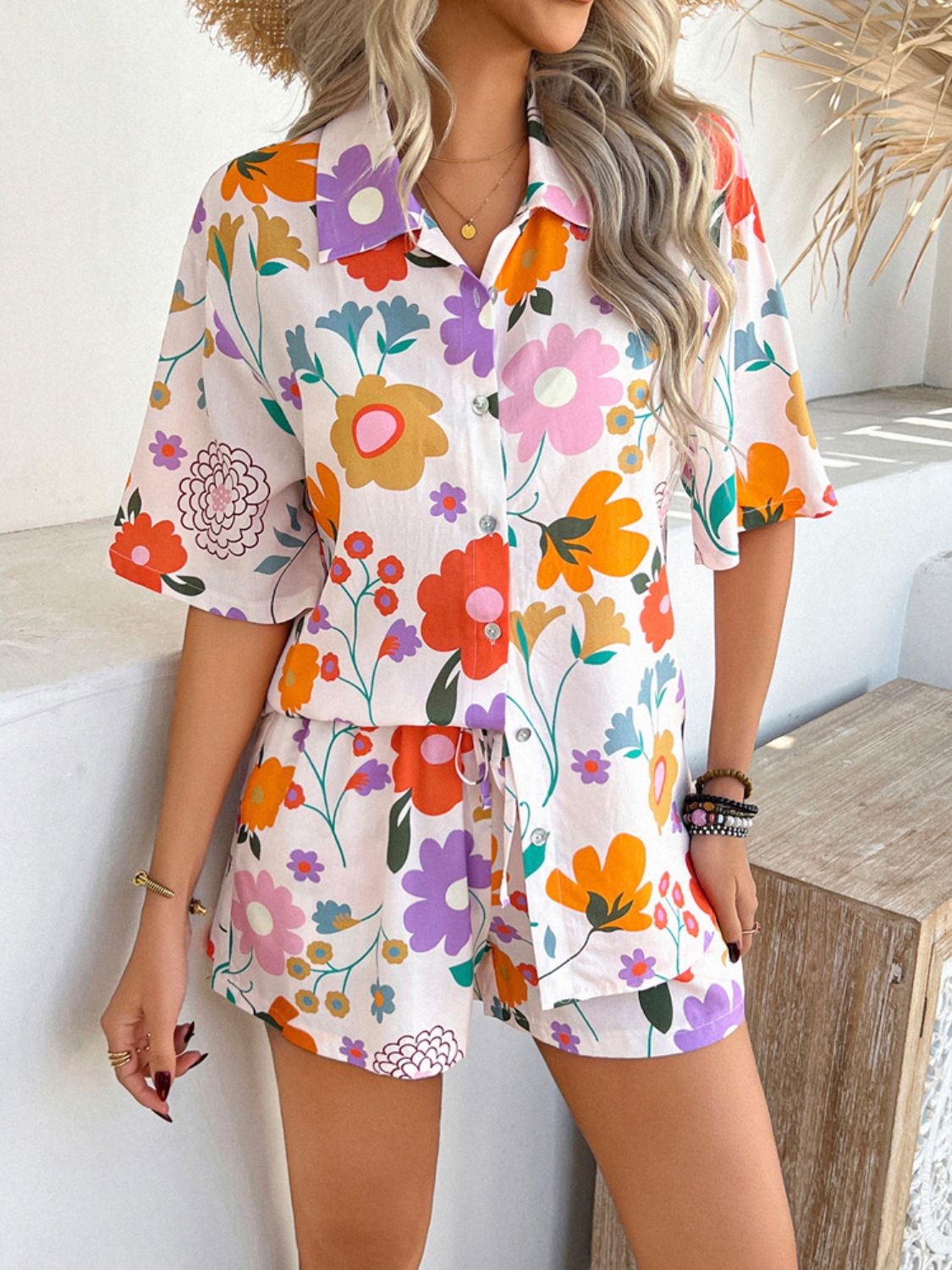 Devine Printed Button Down Shirt and Shorts Set