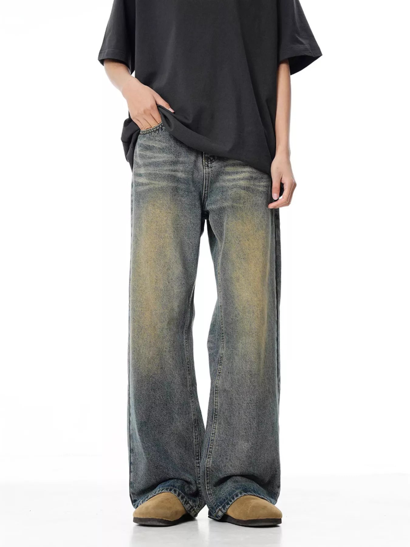 men's men's full size vintage wash wide leg jeans plus size - front view