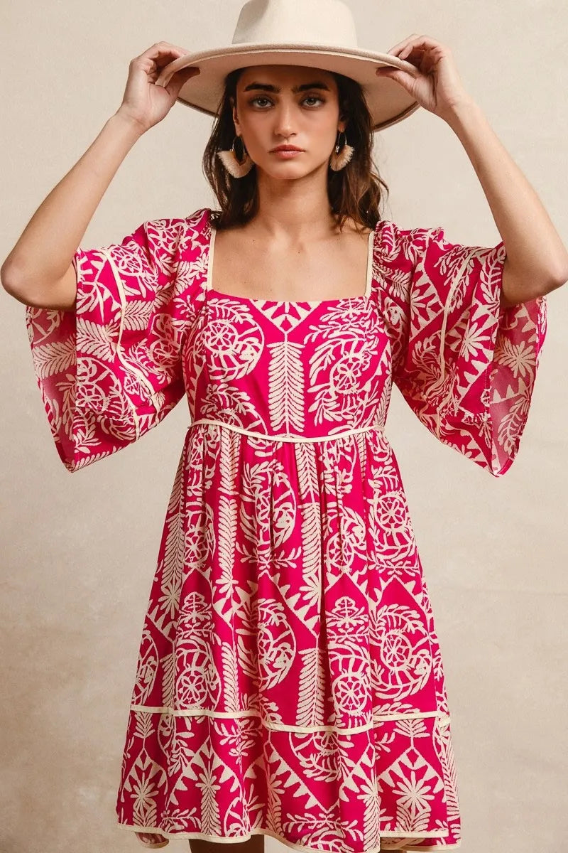bibi aztec woven printed contrast binding dress shown as women’s outerwear