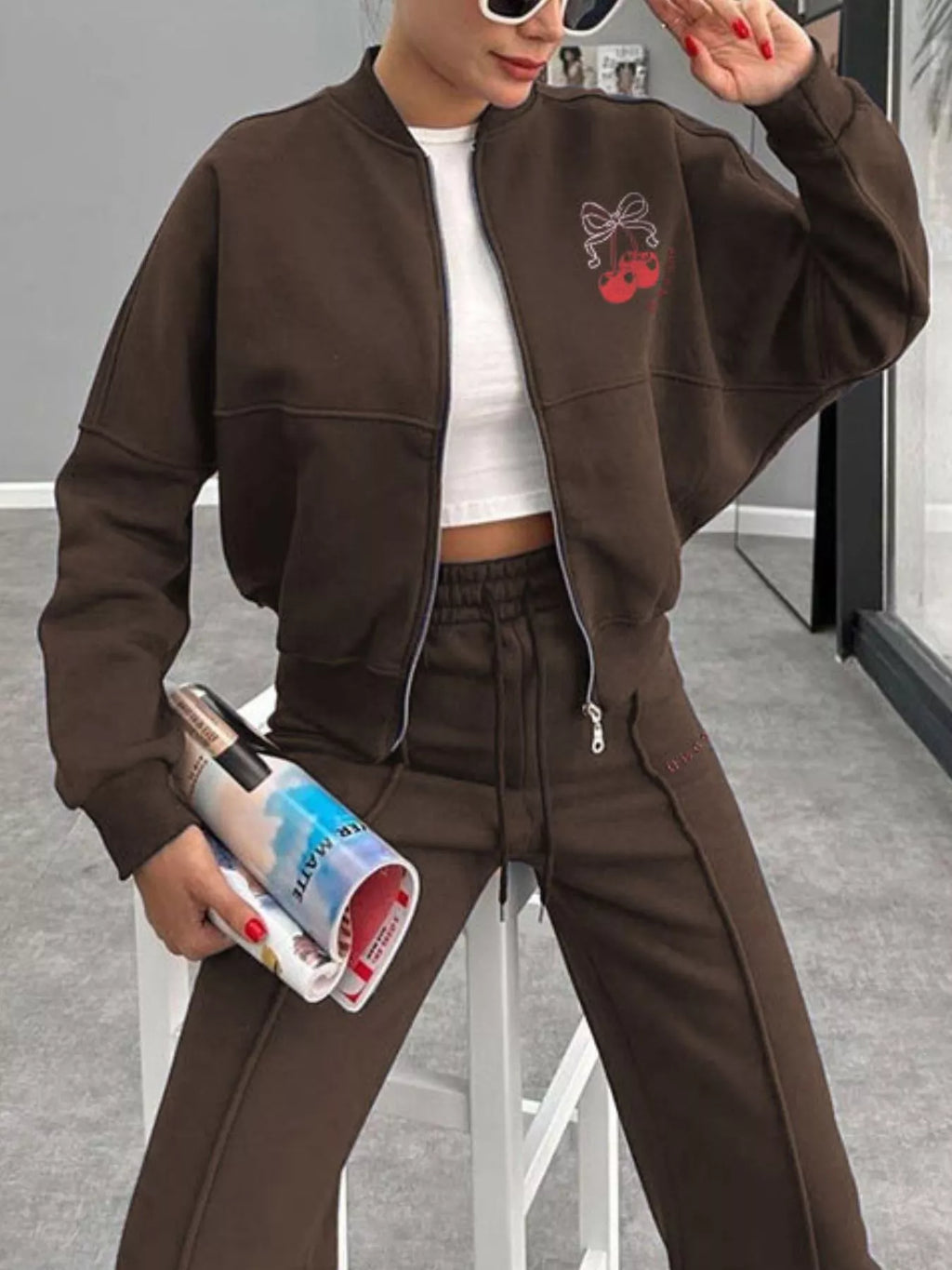 women's zip up dropped shoulder outerwear and pants set - styling option