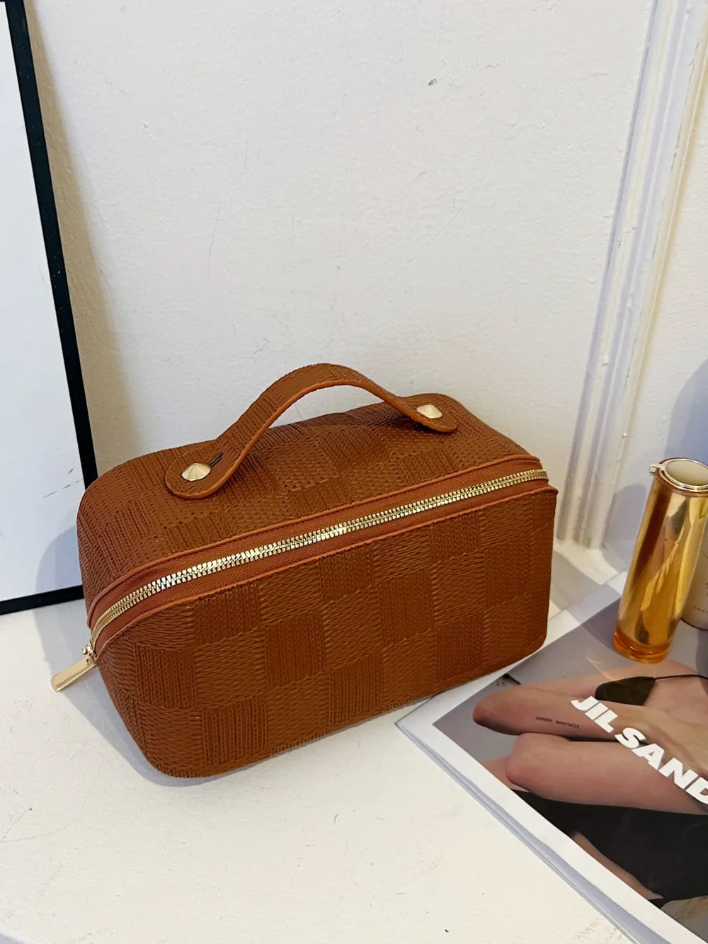 Texture PU Leather Cosmetic Bag Brown One Size