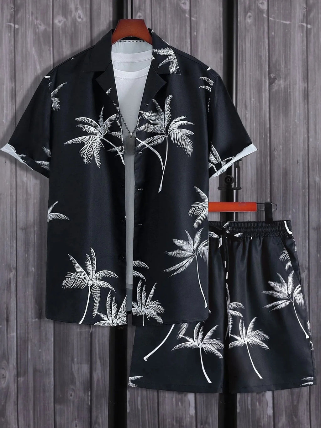 men's men's full size palm print button up shirt and shorts set plus size - product showcase