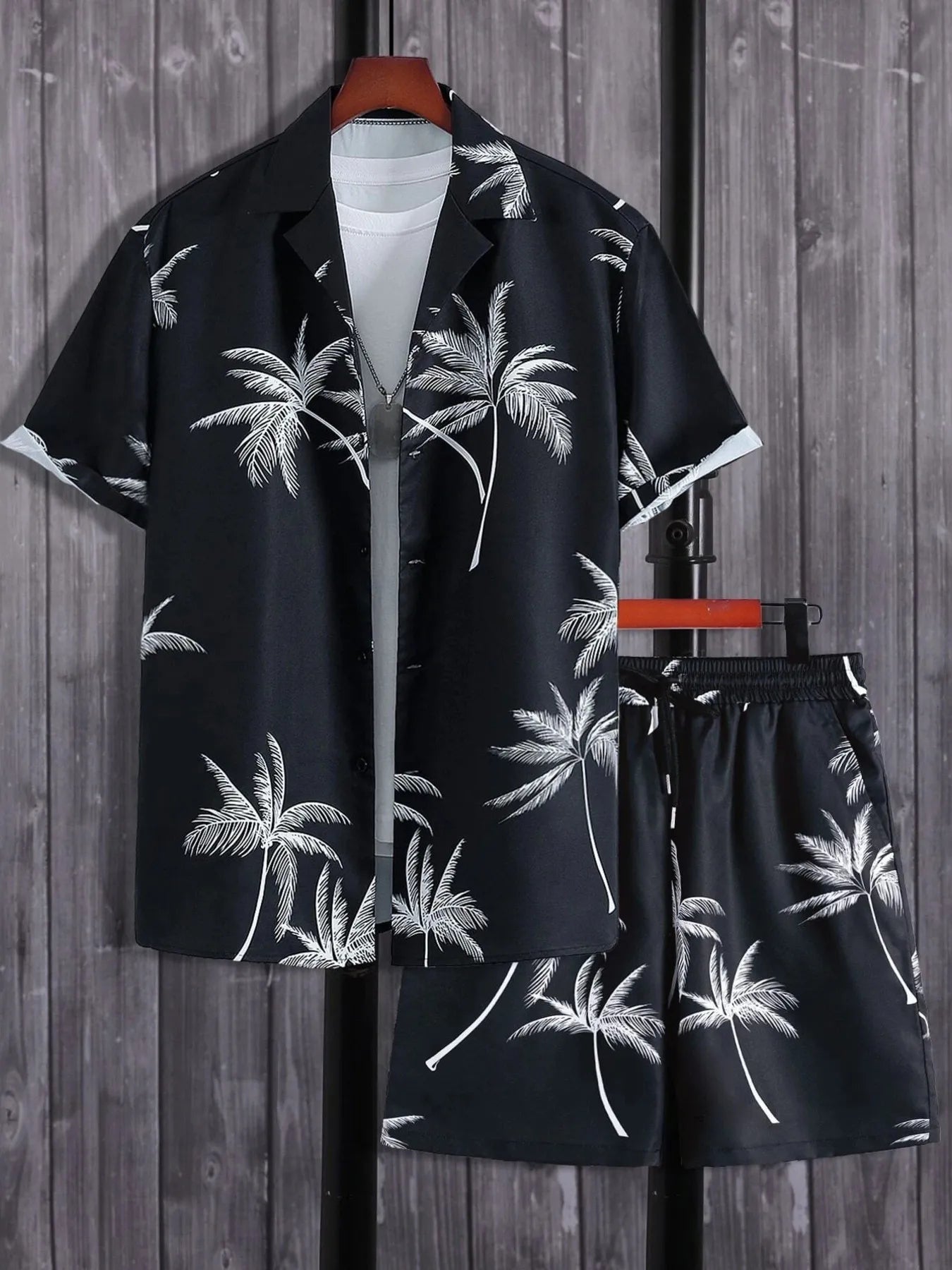 men's men's full size palm print button up shirt and shorts set plus size - product showcase