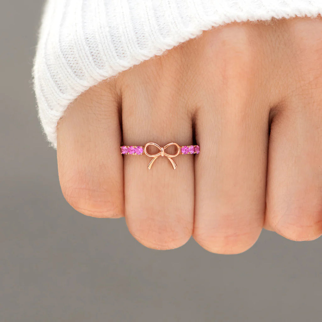 omc moissanite timeless bridal jewelry 925 Sterling Silver Bow Ring in Rose Gold, size 8, 9, 6, 7, shown in top view highlighting gemstone detail