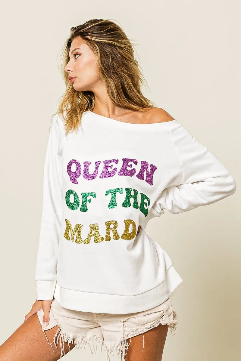 women's bibi queen of mardi glitter print mardi gras sweatshirt - extra view