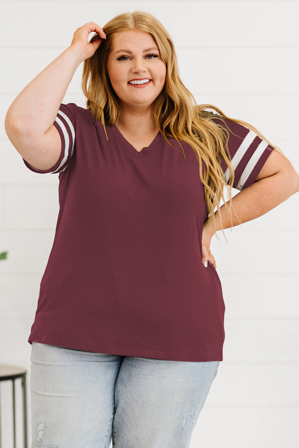 Plus Size Striped V-Neck Tee Shirt Wine
