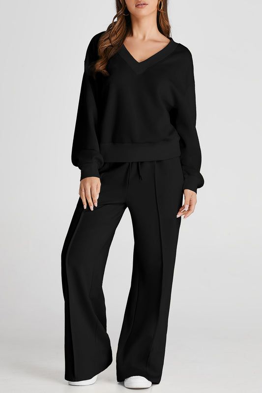 V-Neck Long Sleeve Top and Pants Active Set Black