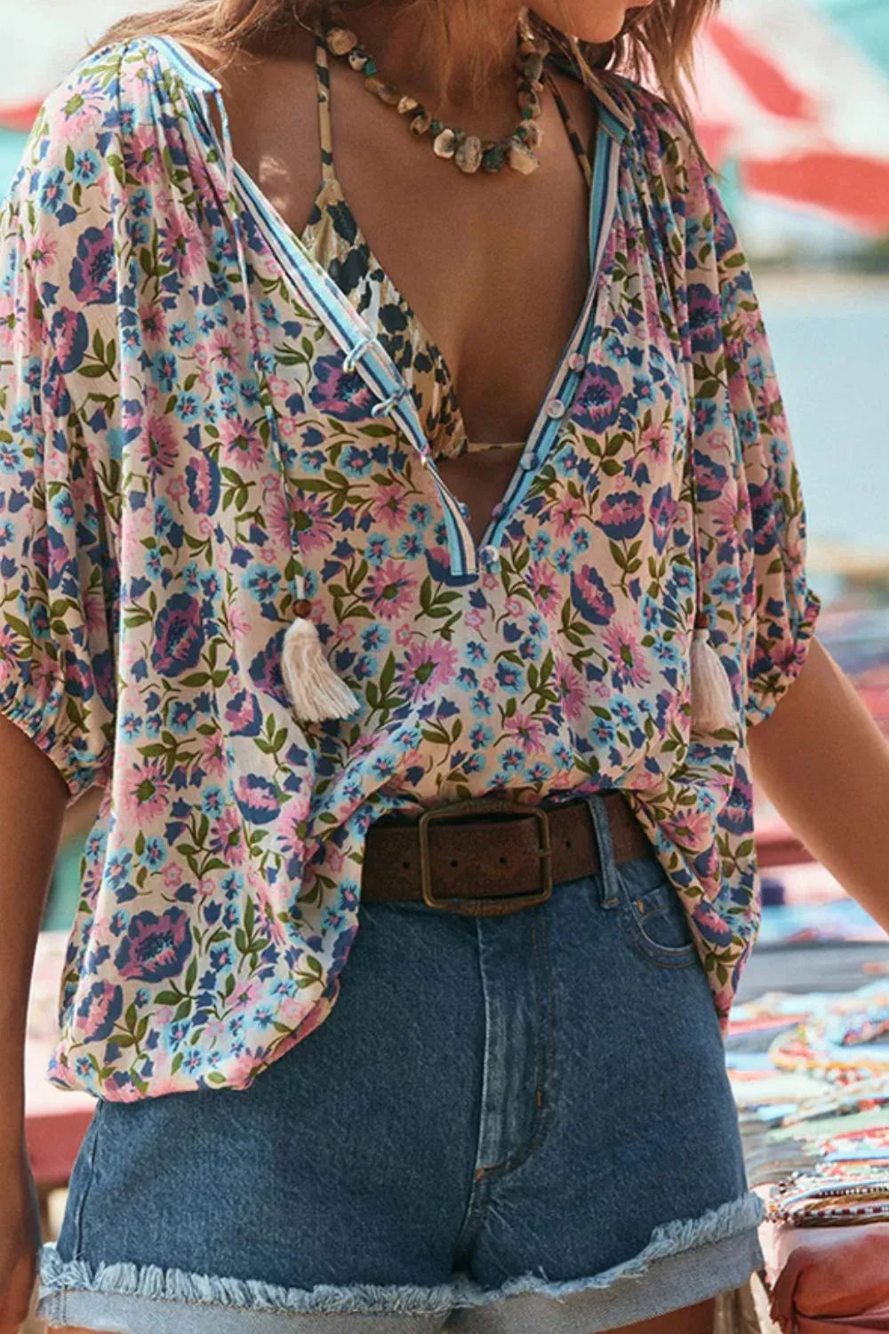 Floral Tie Neck Half Sleeve Blouse Floral