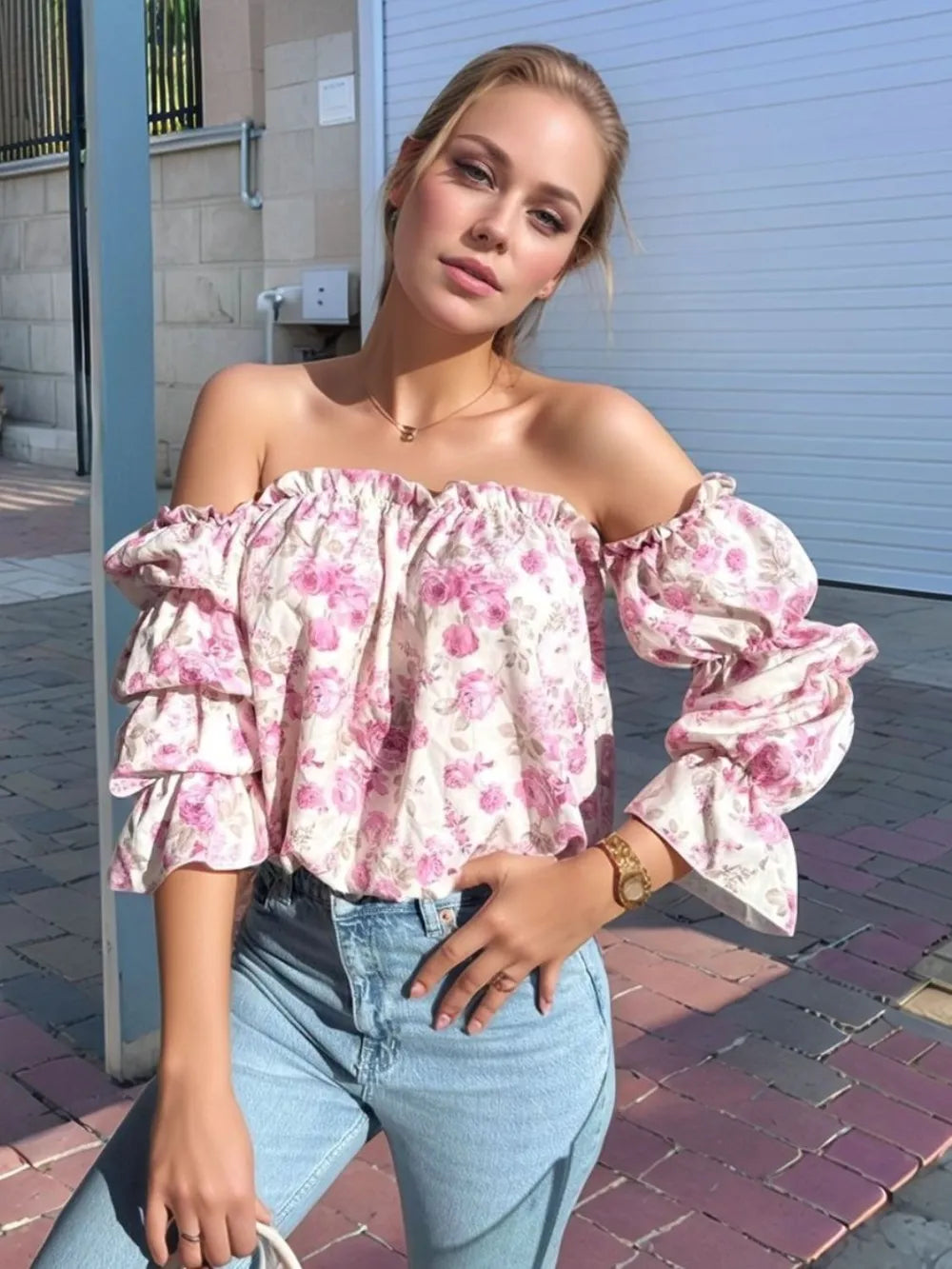 Printed Off-Shoulder Flounce Sleeve Blouse Blush Pink