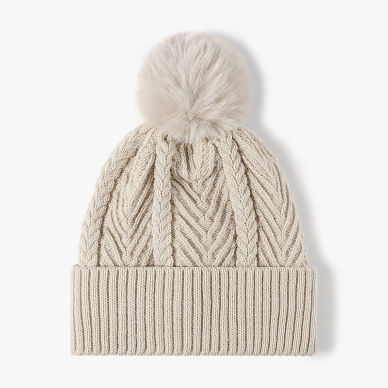 Cable Knit Solid Color Hat with Pompom Beige One Size