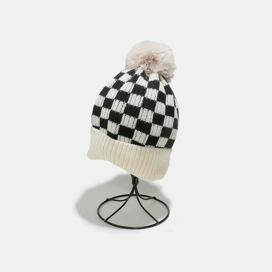 Checkered Knit Hat with Pompom Ivory One Size