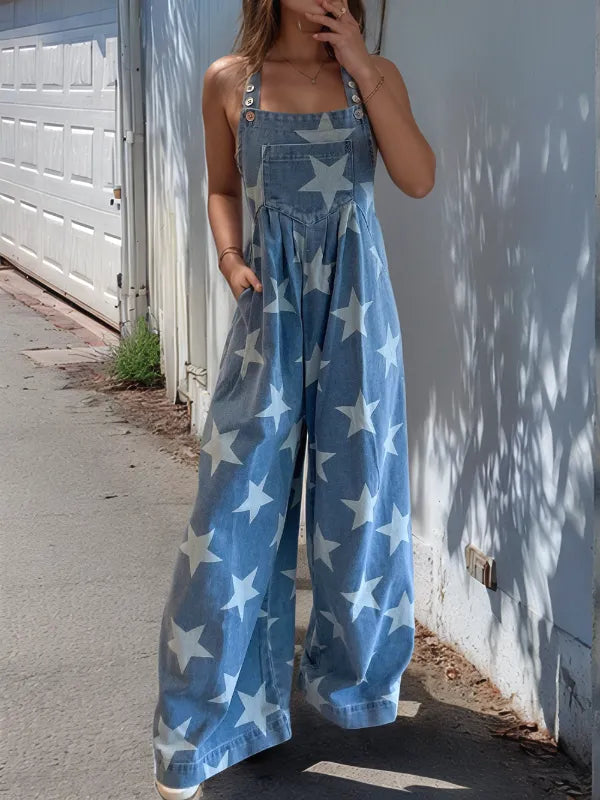 Star Print Buttoned Strap Wide Leg Denim Overalls Medium