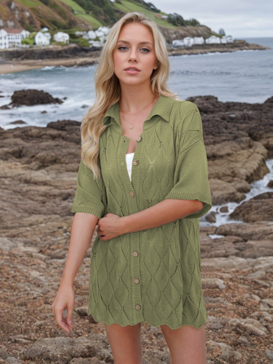 Button Down Eyelet Collared Neck Knit Shirt – Donjane