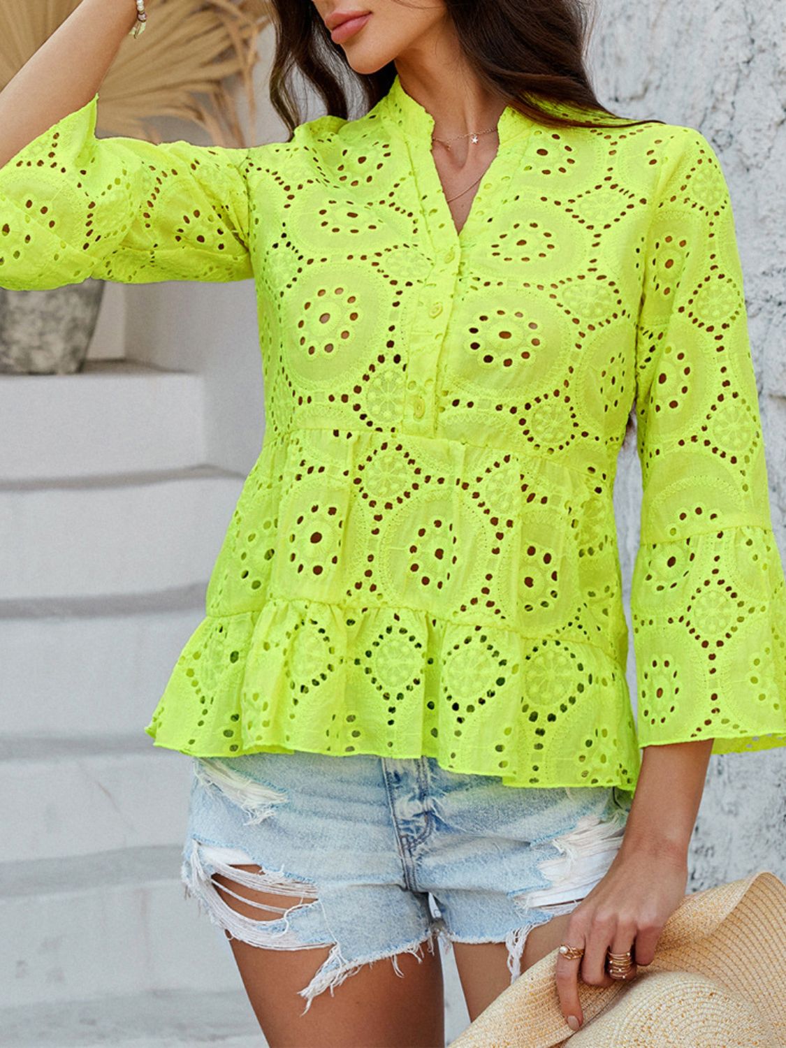 Devine Half Button Flounce Sleeve Peplum Blouse