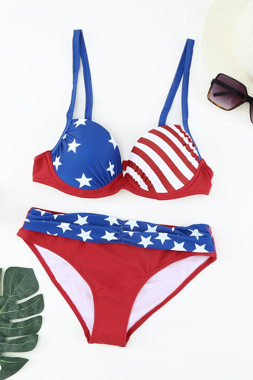 Printed Ruched Bikini Set Red Blue