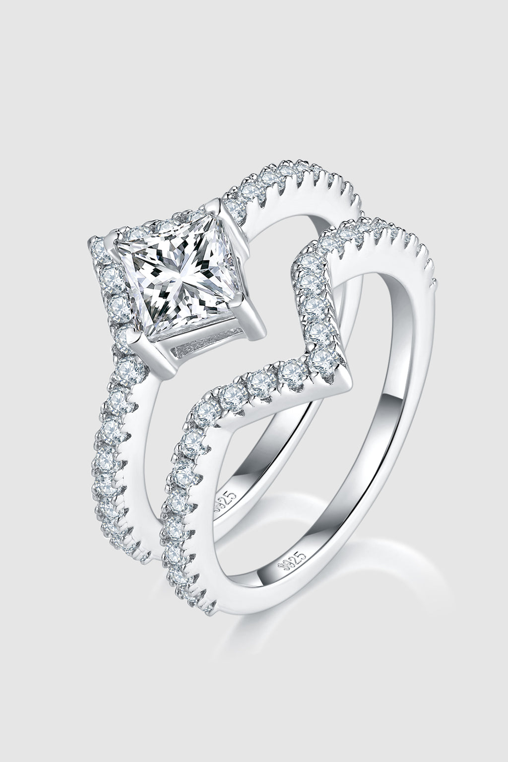 round cut moissanite ring oval cut engagement ring 1 Carat Moissanite 925 Sterling Silver Double Layered Ring in Silver, size 5, 6, 7, 8, 9, shown in polished detail highlighting gemstone detail