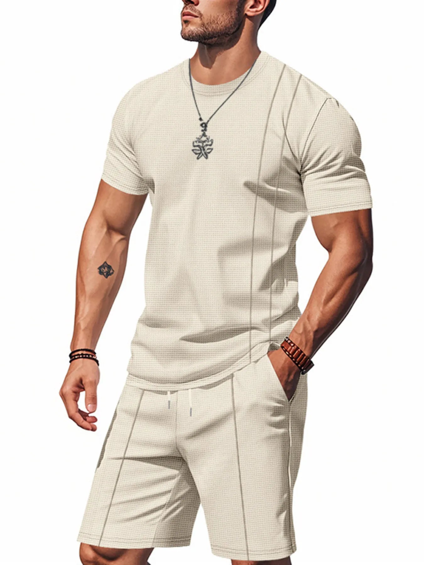 men's men's full size round neck short sleeve top and shorts set plus size - extra view
