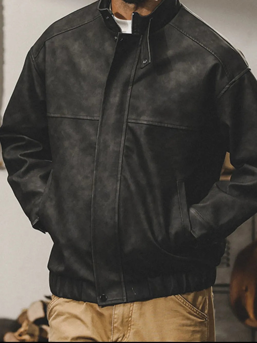 Men's Plus Size Zip Up Stand Collar Biker Jacket Black
