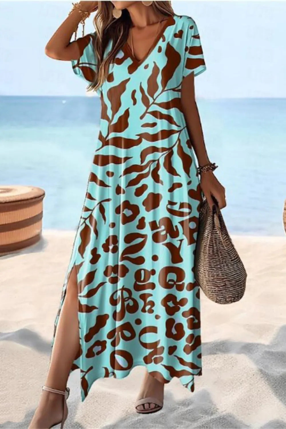 Full Size V-Neck Short Sleeve Slit Dress Plus Size Tiffany Blue