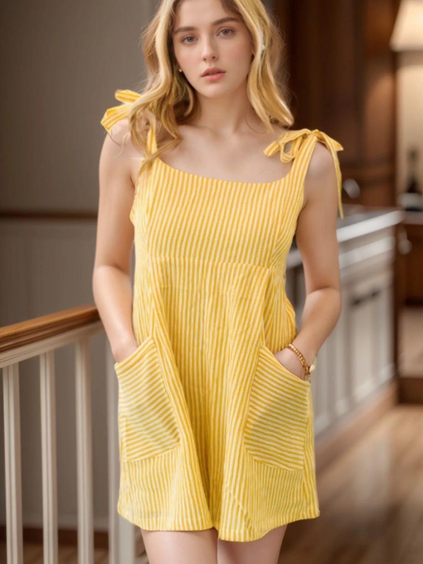 Stripe Shoulder Tie Smocked Back Casual Romper