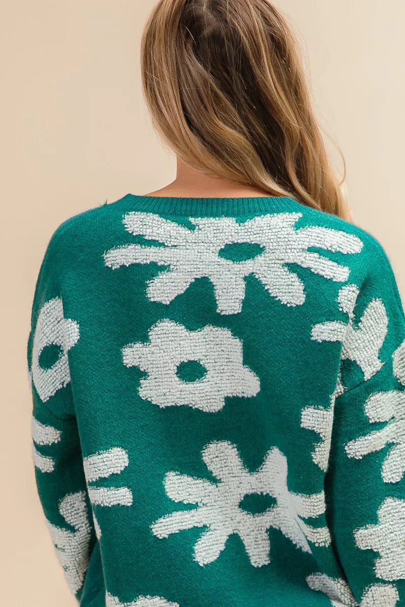 women's bibi flower pattern long sleeves sweater top - styling option