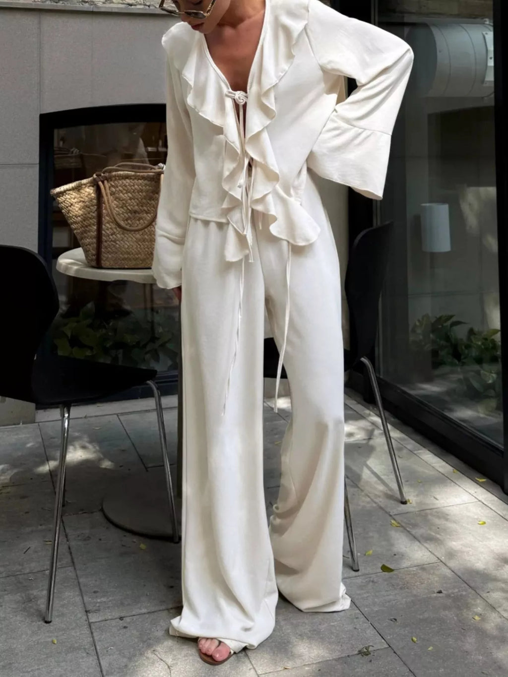 women's ruffle trim tie front top and pants set - back view
