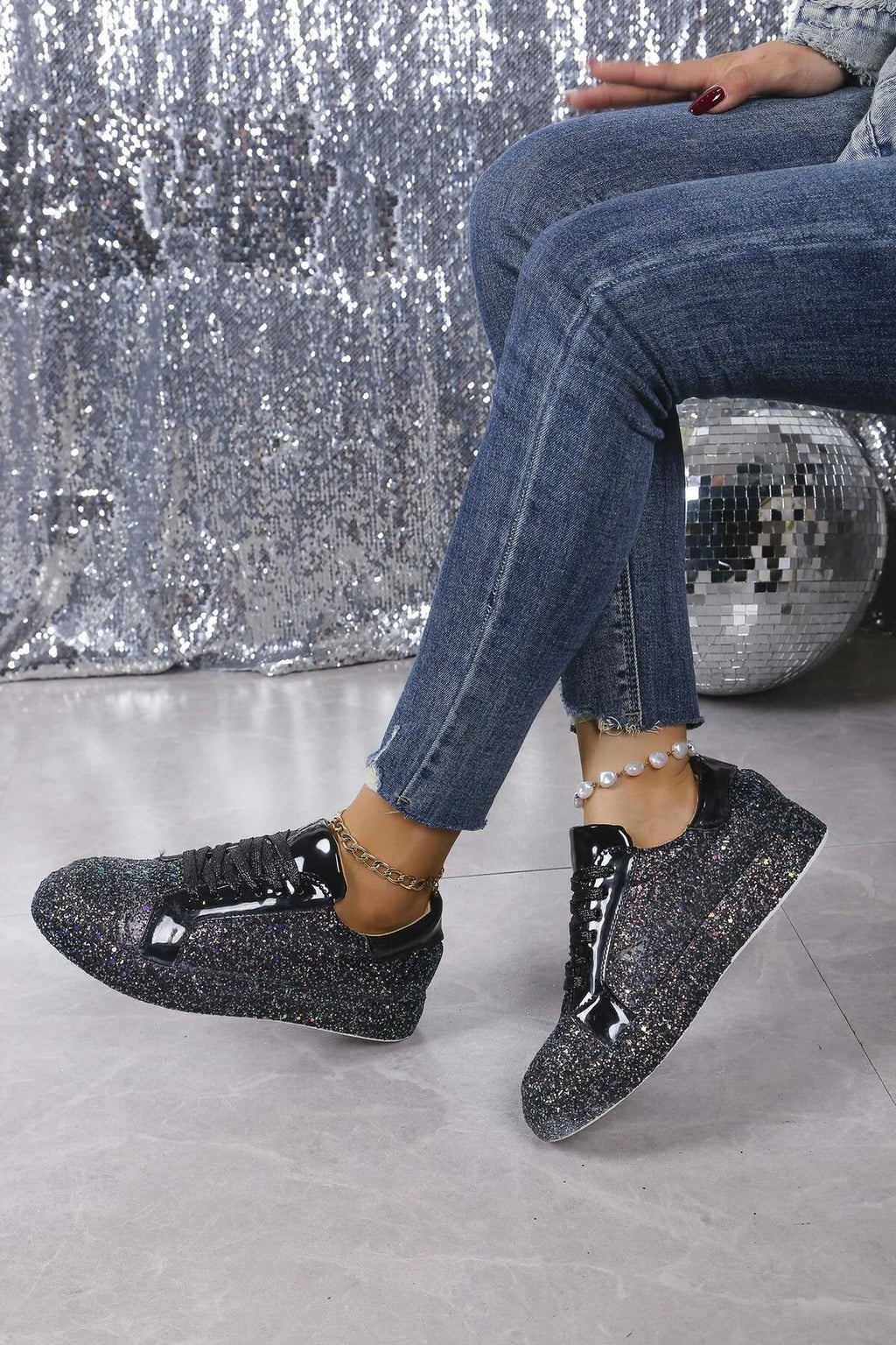 women's glitter sparkle lace up sneakers - additional angle