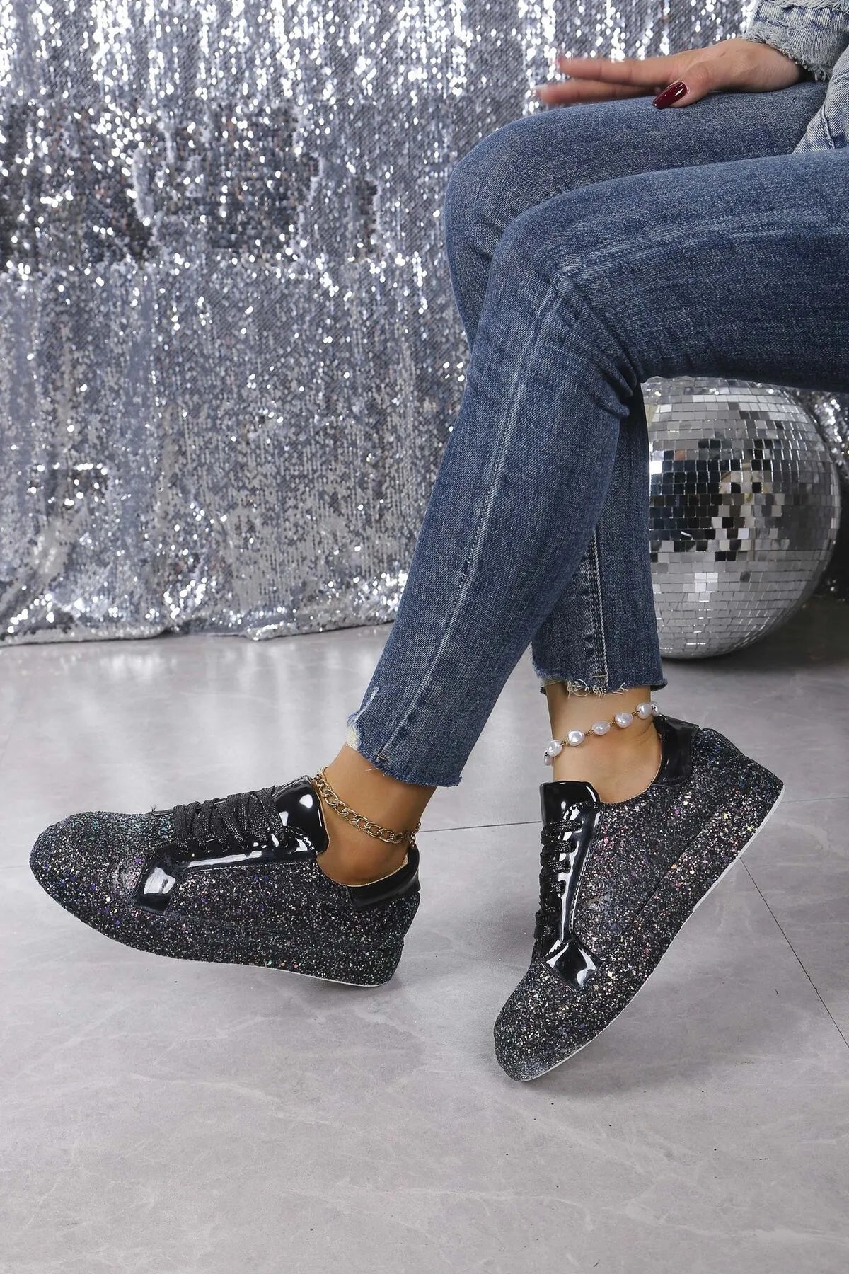 women's glitter sparkle lace up sneakers - additional angle