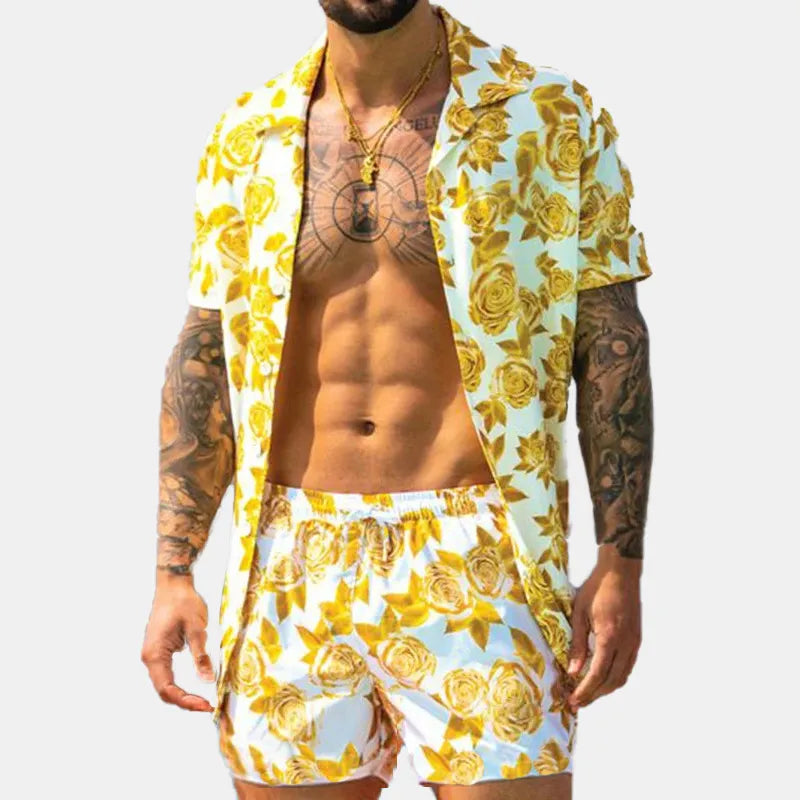 men's men's full size button up shirt and shorts set plus size - front view