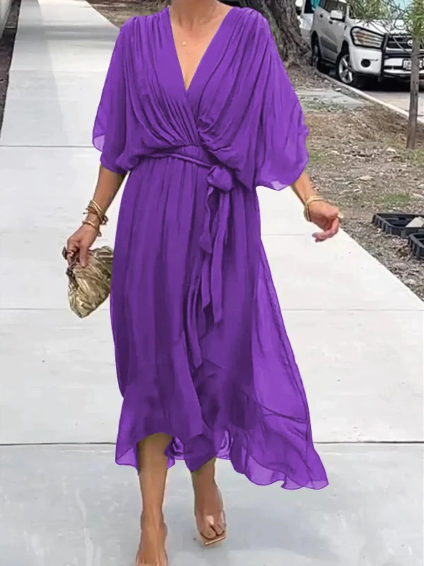 Full Size Flowy Tie Front Midi Dress with Flutter Sleeves Plus Size Purple