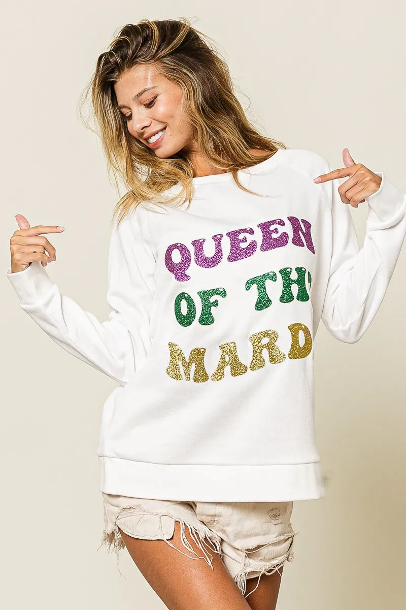 women's bibi queen of mardi glitter print mardi gras sweatshirt - side view