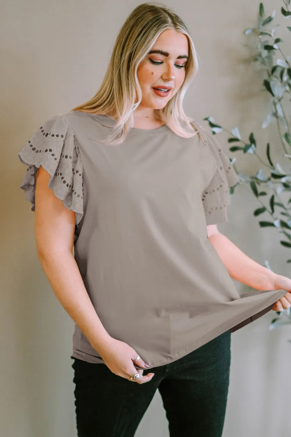 Plus Size Eyelet Round Neck Short Sleeve Blouse Tan
