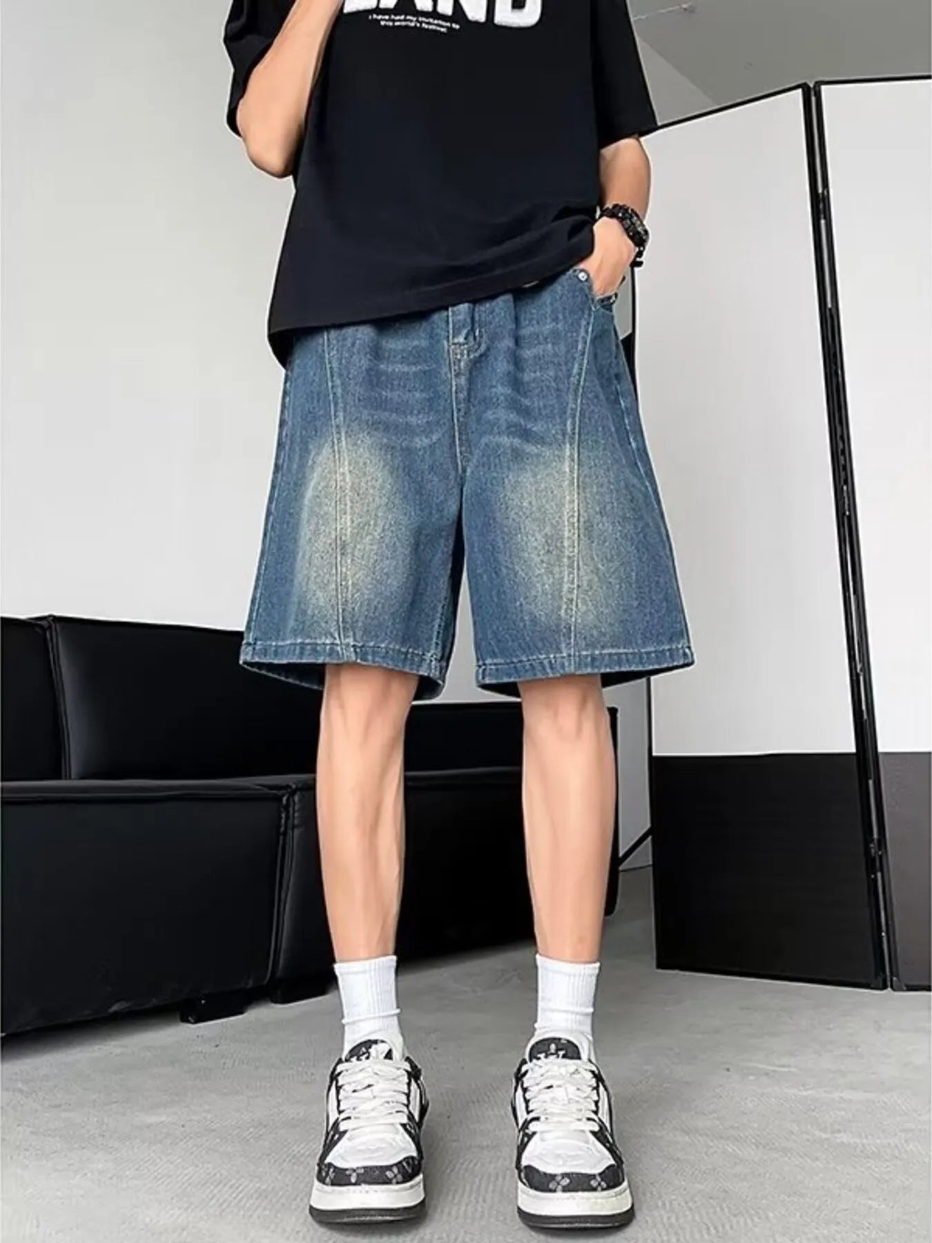 men's men's plus size vintage wash loose fit denim shorts - product showcase