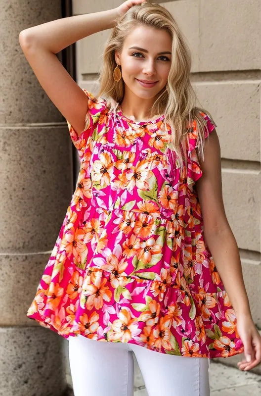Heimish Full Size Butterfly Sleeve Floral Tiered Top Plus Size Fuchsia Multi