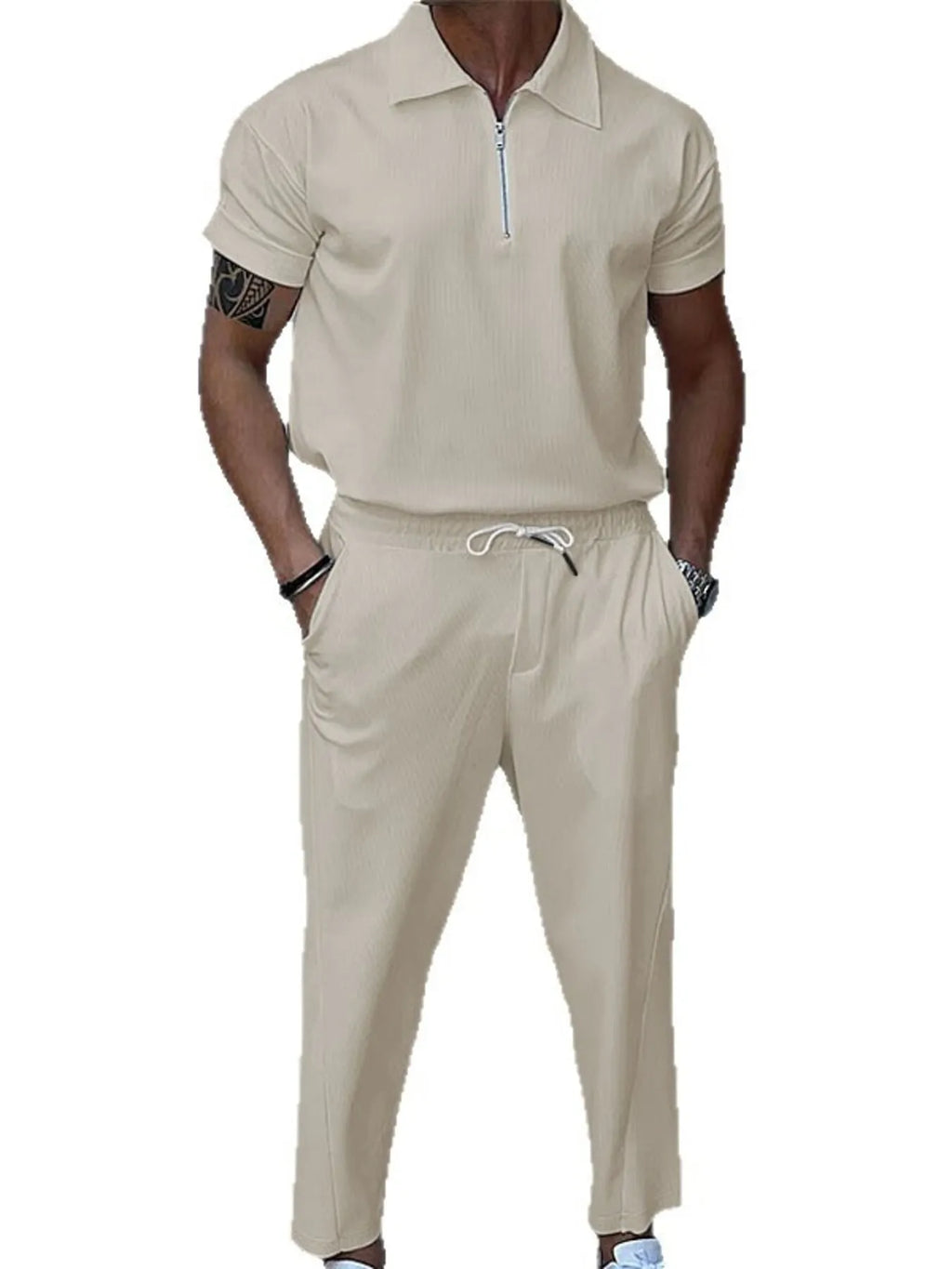 men's men's full size quarter zip short sleeve polo and pants set plus size - product detail